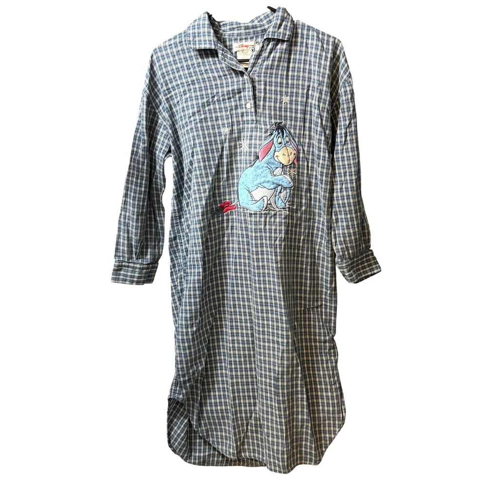 Disney Store Eeyore Plaid Flannel Nightgown Blue White Embroidered Vintage S/M